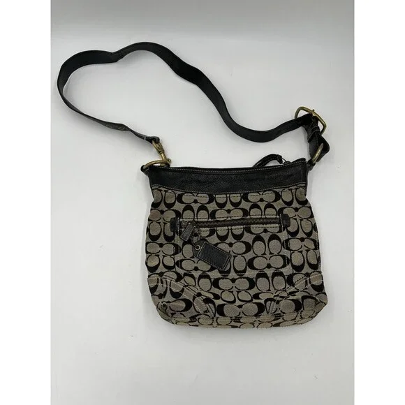 Coach Signature Monogram Canvas Crossbody Bag Black Tan Leather Trim Messenger