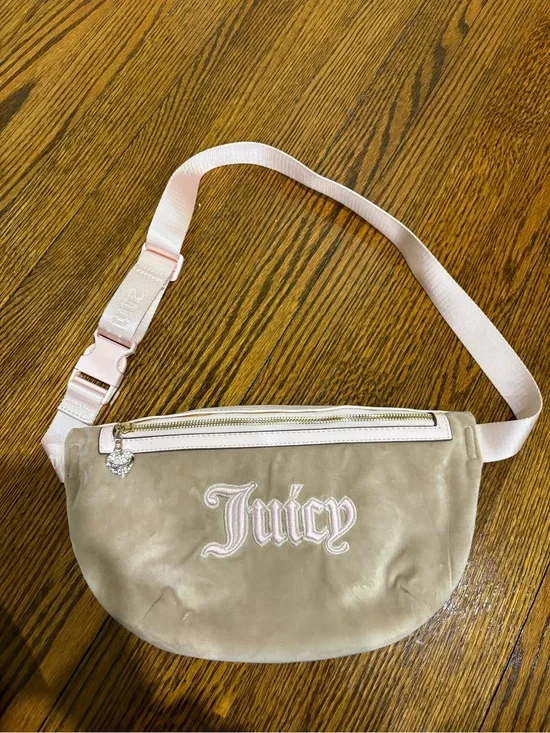 Juicy Couture Taupe Velvet Crossbody with Pink Strap