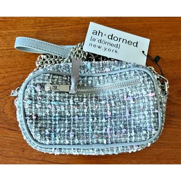 Crossbody Bag Ah-Dorned Taylor Tweed Grey White Pink NWT Camera Bag Chain