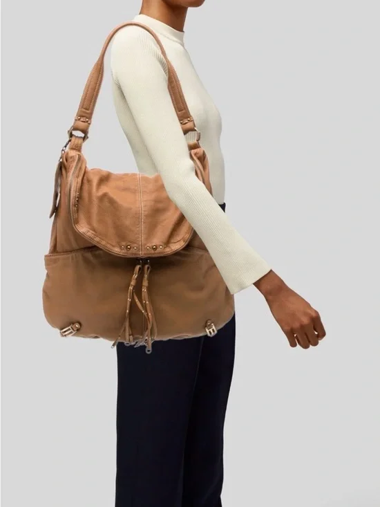 Hayden Harnett Shoulder Bag Tan Leather Hobo with Tassel & Hardware Detail