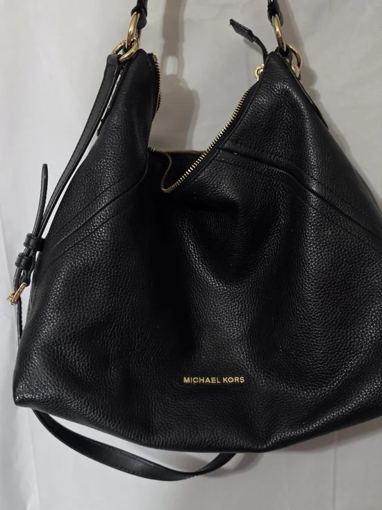 Michael Kors Black Pebbled Leather Slouch Hobo with Gold Hardware