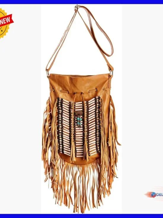 Real Leather Hobo Bag with Fringe Adjustable Strap Round Shape