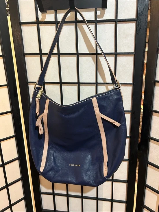 Cole Haan Navy Leather Hobo with Light Beige Trim