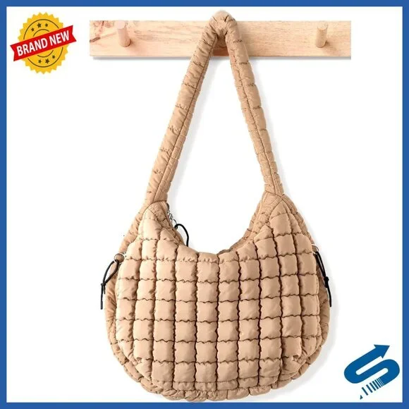 Large Quilted Puffer Tote Bag with Crossbody Strap, Multiple Pockets