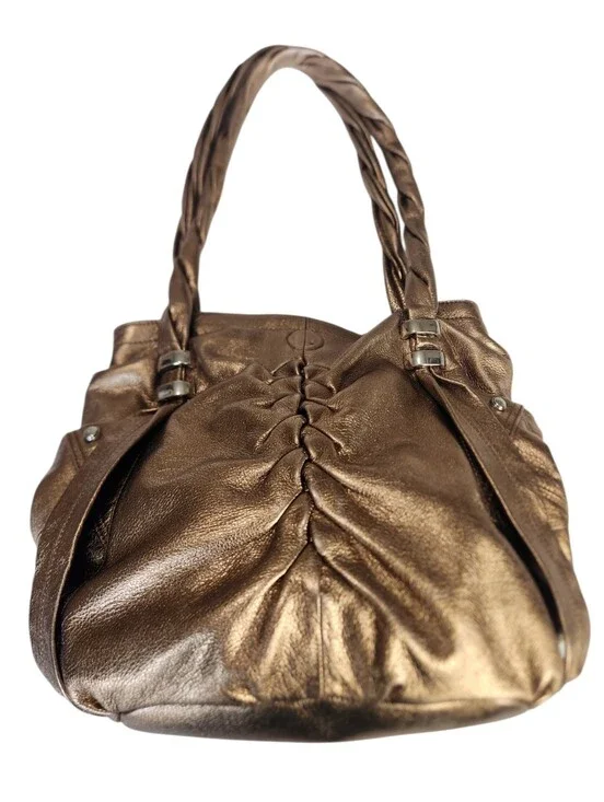 B. Makowsky Leather Gold Bronze Metallic Hobo Shoulder Bag