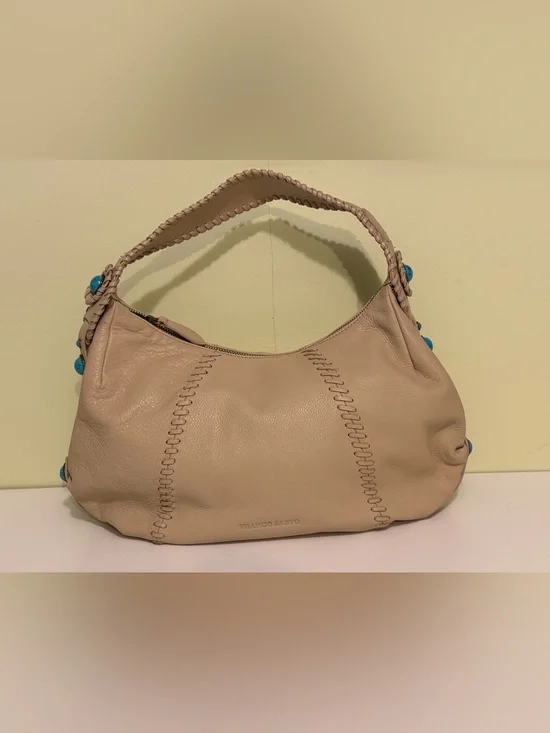 Franco Sarto Leather Hobo Shoulder Bag Beige Faux Turquoise Bead Accents REFURB