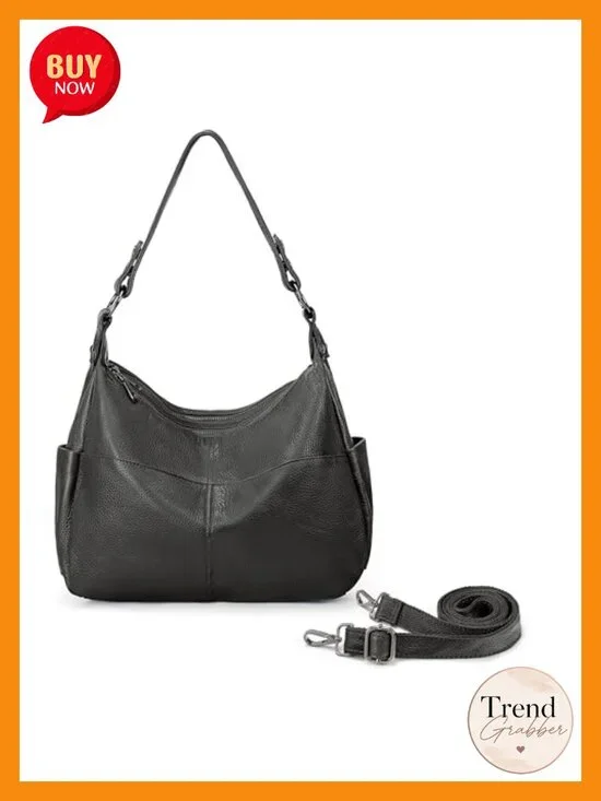 Real Leather Hobo Shoulder Bag with 2 Zip Pockets Convertible Handbag