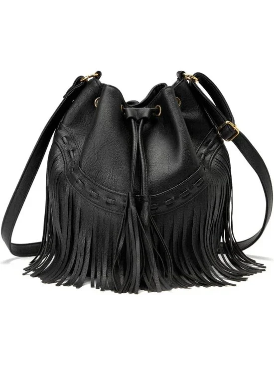 Stylish Leather Bucket Bag for Women - Crossbody Fringe Purse with Tassels