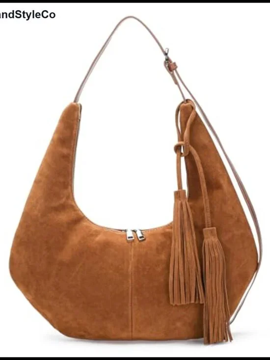 Faux Suede Tassel Slouchy Crescent Hobo Shoulder Bag Women