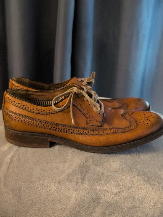 Men's Tan Leather Brogue Wing Tip Shoes - Classic Lace-Up Dress Oxfords