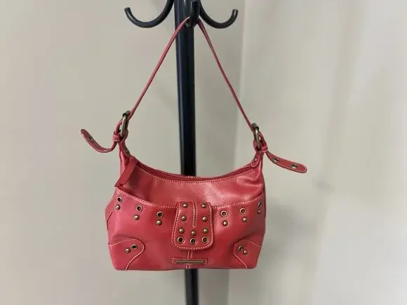 Nine West Red Studded Grommet Shoulder Bag Y2K Faux Leather Purse