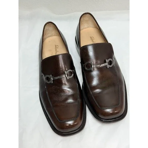 Salvatore Ferragamo Studio Gancini Brown Leather Loafers Men’s 8.5 2E Italy