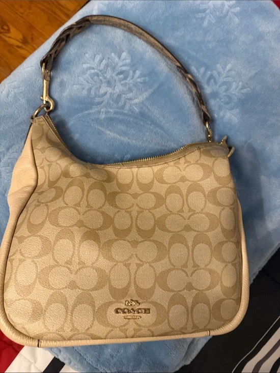Coach Beige Signature Jacquard Hobo Shoulder Bag