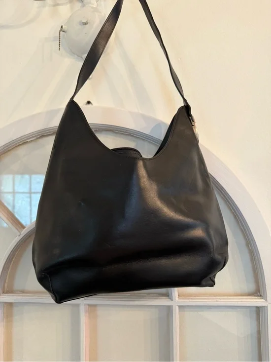 Vintage Delphine Black Genuine Leather Shoulder Hobo Bag Made In France