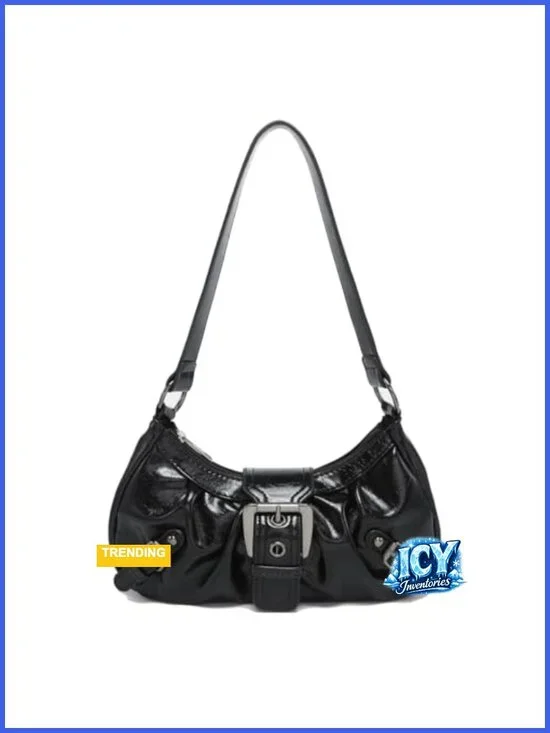 Y2K Faux Leather Hobo Shoulder Bag with Buckle Details