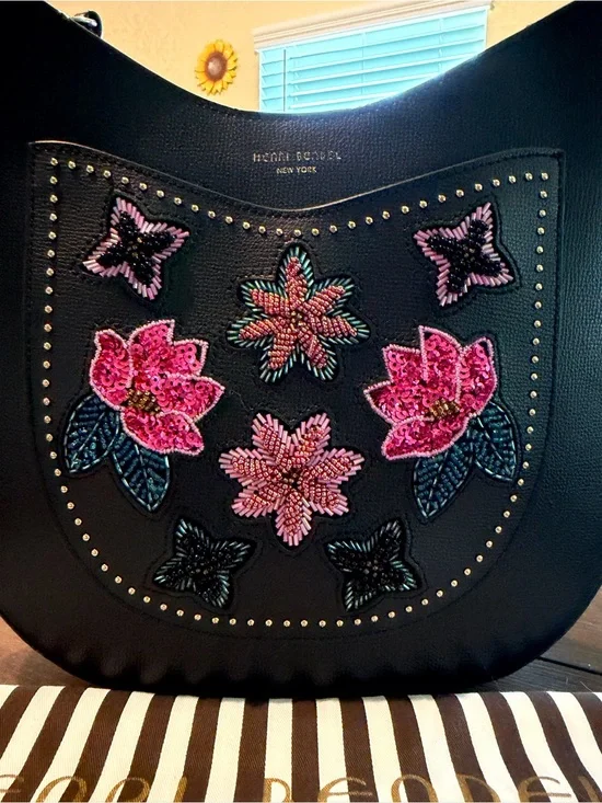 Henri Bendel Rare Embellished Beaded Floral Black Pebbled Leather Hobo wDust Bag
