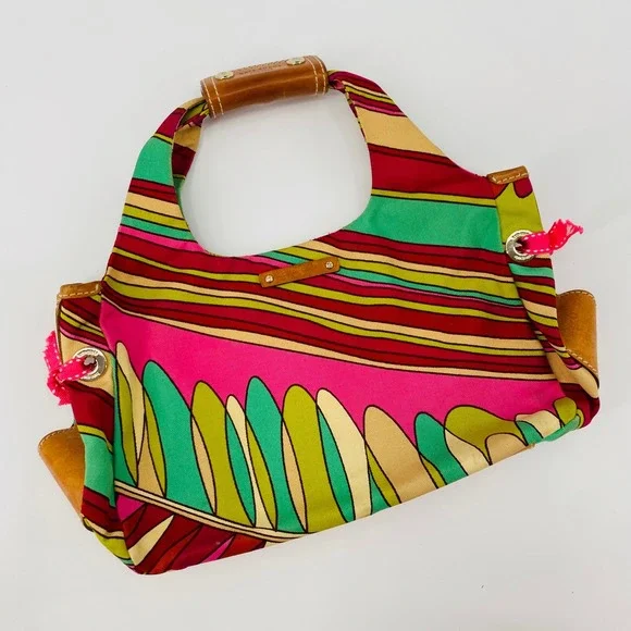 Vintage Kate Spade Handbag Multicolor Abstract Floral Canvas Leather Trim Hobo