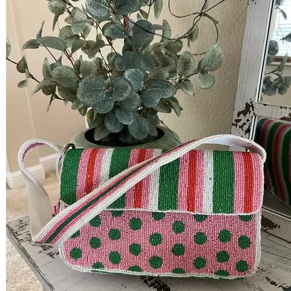 NWT Handcrafted India Beaded Purse Pink Green Striped Artsy Charm Shoulder Bag