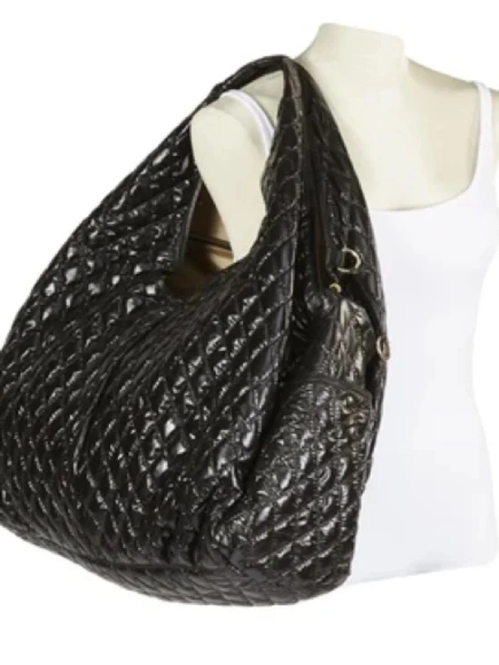 Quilted Shiny Black Hobo Tote