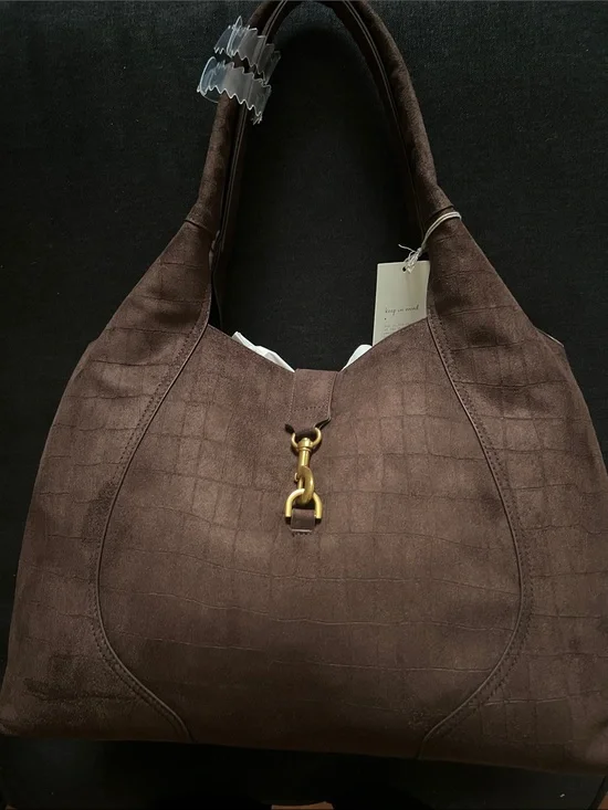 NWT- Brown Suede Hobo Shoulder Bag with Gold Hardware