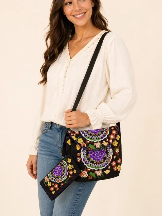 Floral Embroidery Boho Sling Bag & Wallet Set Colorful Polyester Crossbod Purse