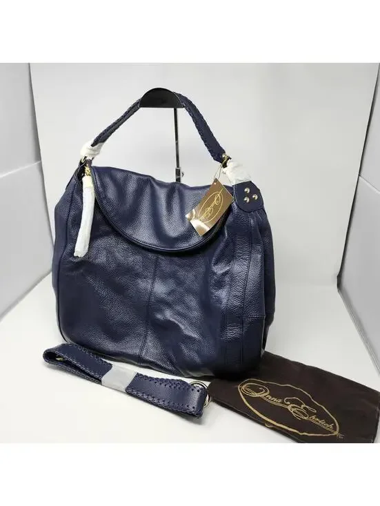 Donna Bella Blue Leather Hobo Shoulder Bag | Large Slouchy Purse w/ Strap