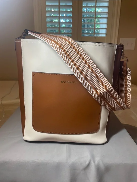 BOSTANTEN Women’s Soft Leather Hobo Bucket Shoulder Bag Two Toned Brown & Cream