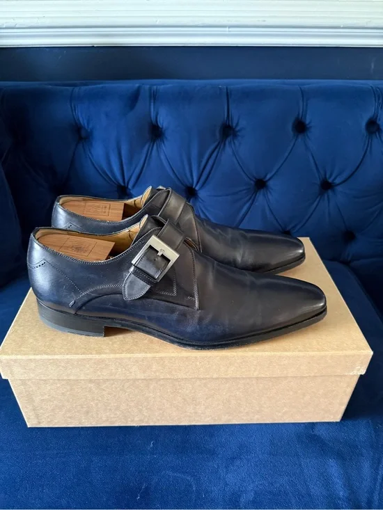 Magnanni Navy Leather Single Monk Strap Shoes