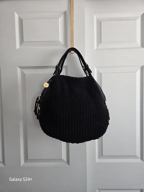 UGG Black Knit Leather Trim Hobo Satchel Bag