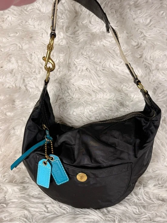 Coach Hamptons Nylon Black Shoulder Hobo Bag with Turquoise Tag Accent