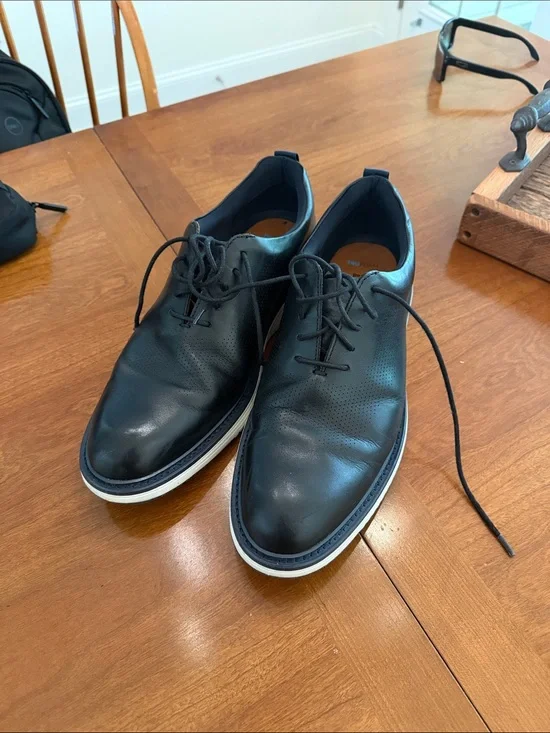 Johnston & Murphy Black Leather Derby Shoes with White Trim