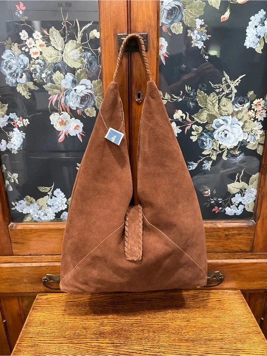 Haute Hippie 100% Genuine Suede Leather Triangle Hobo Bag – Brown Boho Festival