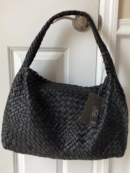 Falor Italy Handmade Black Woven Leather Large Shoulder Hobo Bag Magnetic Close