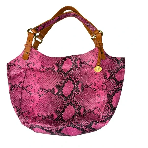 Brahmin Hot Pink Snake Embossed Leather Hobo Bag Y2K Boho Shoulder Purse Large