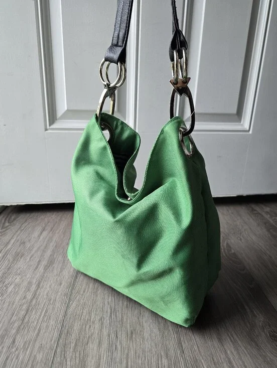 Braciano Green Nylon Hobo Shoulder Bag Y2K Silver O-Ring Zebra Print Lining