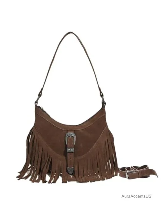 Vintage Boho Faux Suede Fringe Shoulder Bag Hobo Purse with Tassel