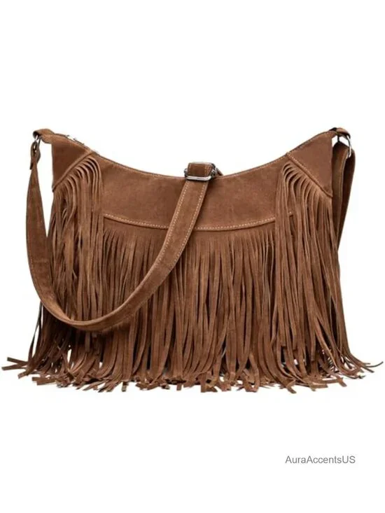 Vintage Western Suede Fringe Hobo Bag Crossbody Purse