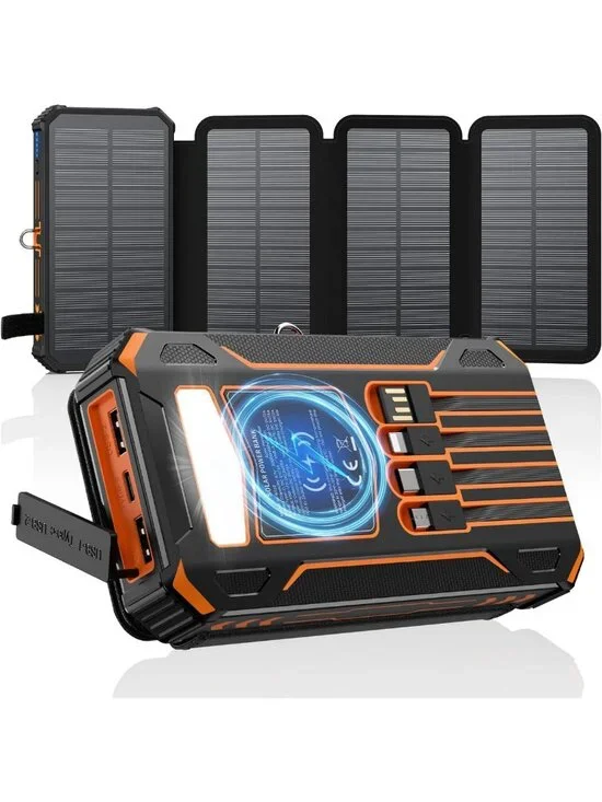 20000mAh Solar Power Bank with 4 Cables, Wireless Charging & 3 USB Ports - Fast