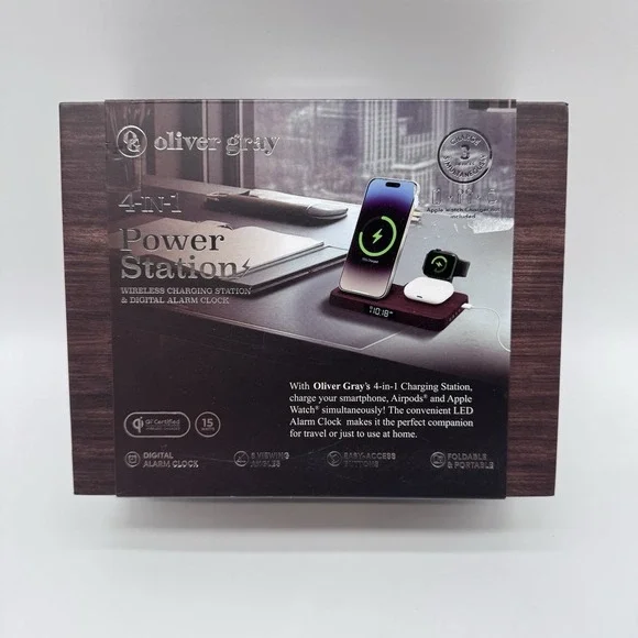 New Oliver Gray 4-in-1 Wireless Qi Charging Station & Digital Alarm Clock
