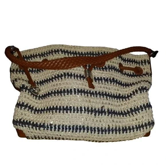 Brighton Straw Hobo Bag Women M Navy Beige Leather Strap Woven‎ Straw Shoulder