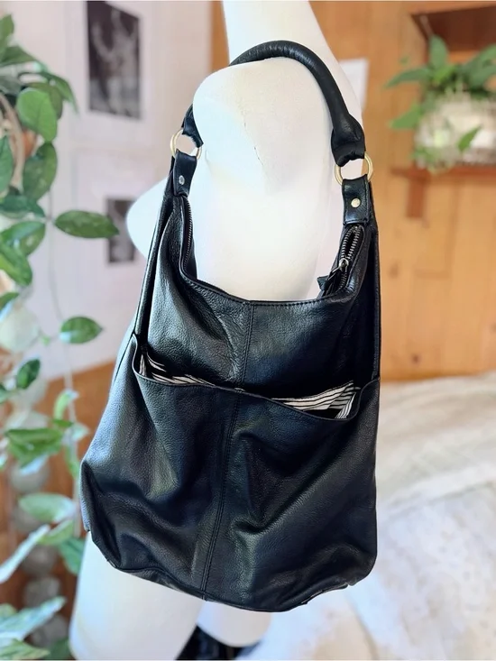 Latico Black Genuine Leather Hobo Shoulder Bag with Zebra Print Lining