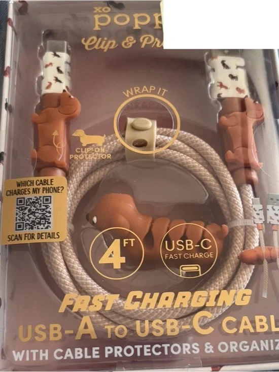 Poppy Viral Dachshund USB-A to USB-C Cable with Brown & Cream Dog Protectors