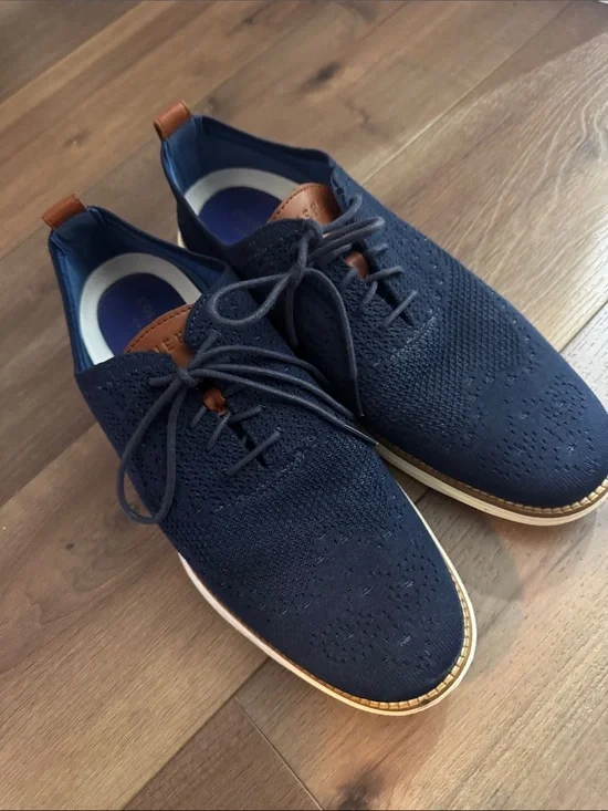 Cole Haan Navy Knit Lace-Up Oxfords with Tan Accents
