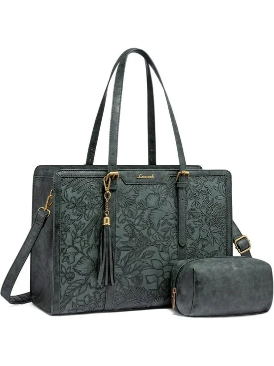 Vintage Leather Laptop Tote Bag for Women - 17.3