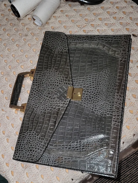 Croc-Embossed Structured Top-Handle Bag in Dark Gray