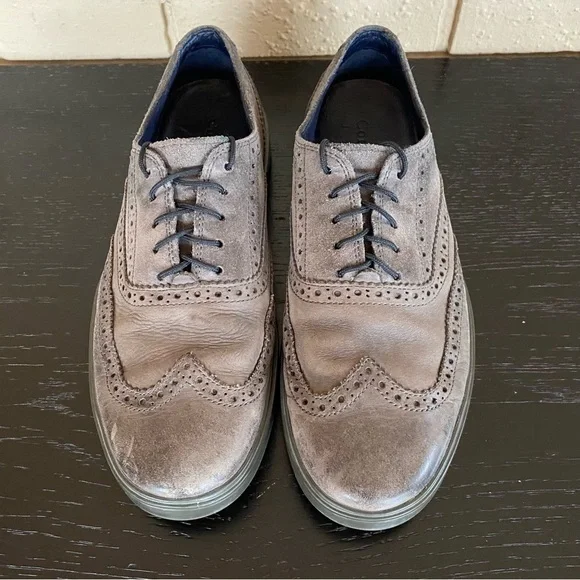 Cole Haan Casual Lace Oxford Distressed Taupe Leather Shoes Men's 9.5 Comfort