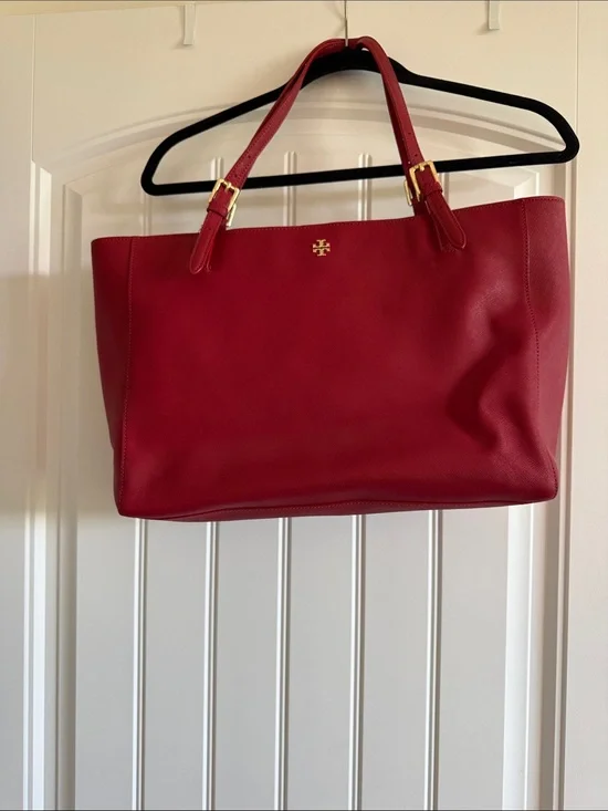 Tory Burch Cherry Red Leather Tote with Gold Hardware