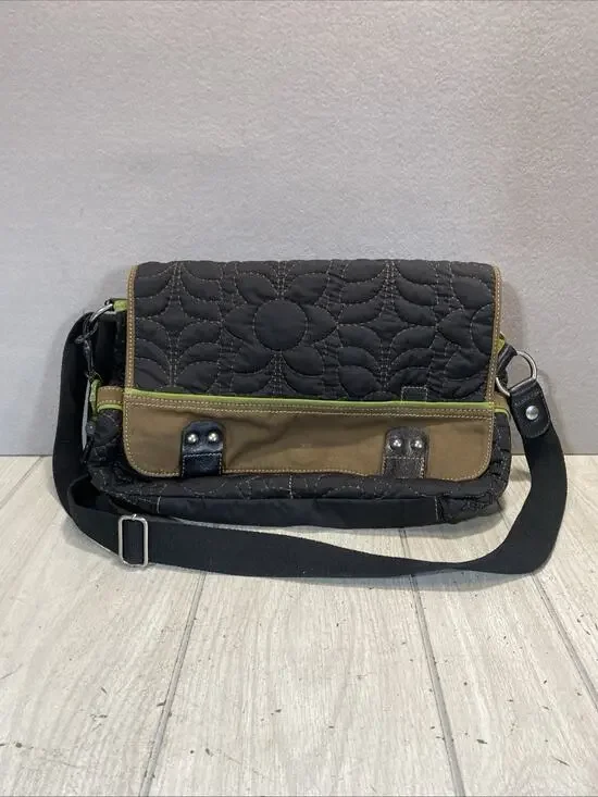 Fossil KeyPer Black Green Floral Quilted Padded Laptop Messenger Bag Crossbody