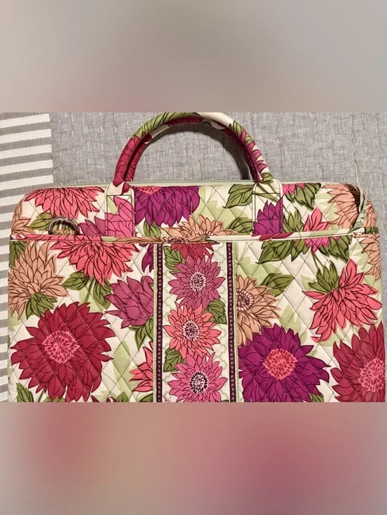 Vera Bradley Pink and Green Floral Quilted Laptop Tote w/ strap