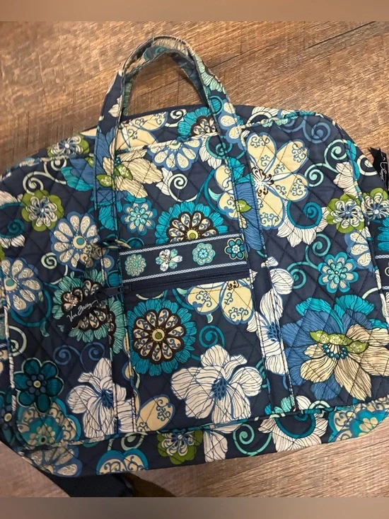 Vera Bradley Quilted Floral Laptop Tote in Navy, Teal & Cream